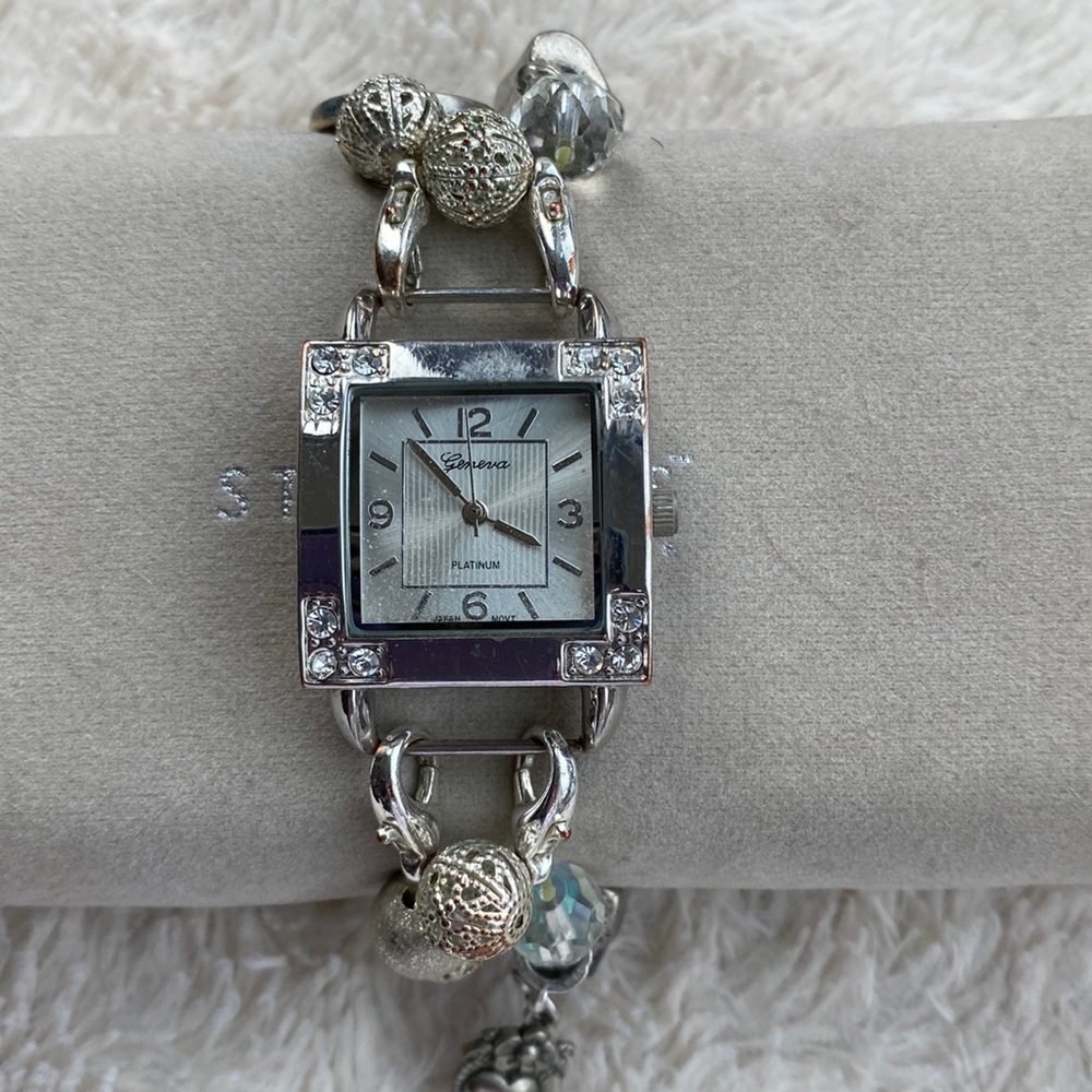 Geneva square faced silver colored beaded watch